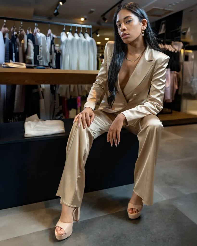 Tailleur in raso oro nel negozio Piero Lepro Store, Barcellona Pozzo di Gotto